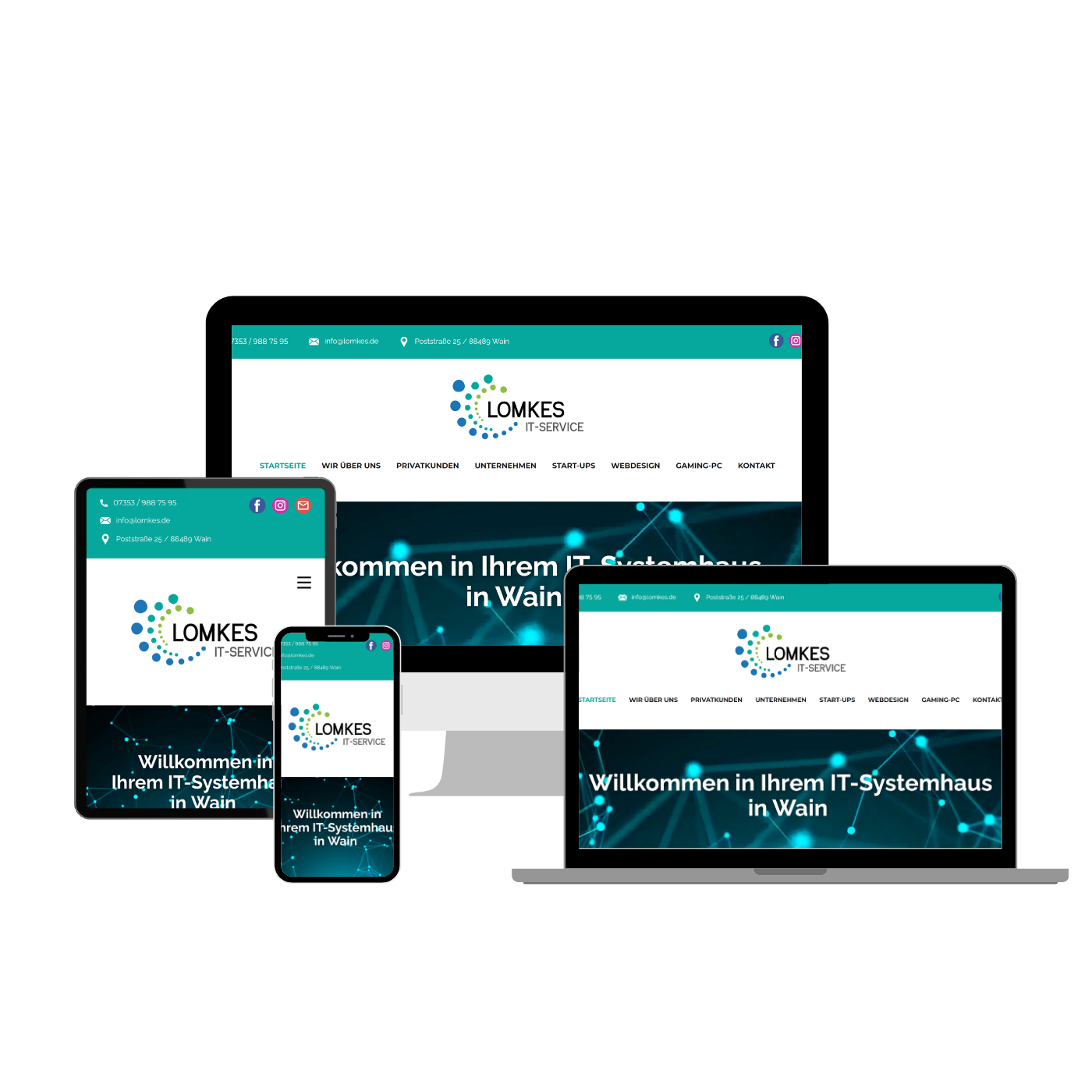 verschiedene Mobile Geräte, die alle die Webseite von LOMKES IT-Service in dem jeweils passenden Layout zeigen.